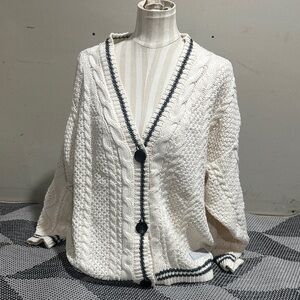 Taylor Swift White Cable Knit Cardigan with Black Trim